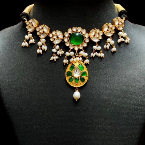 White and green kundan pearl choker in 925 hallmark silver